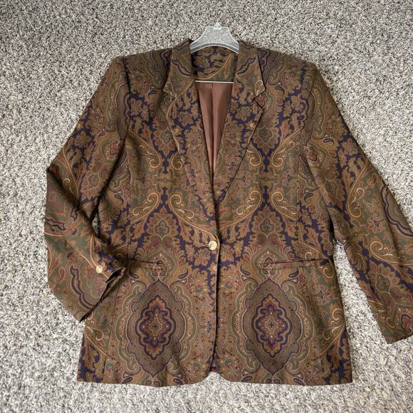 Vintage Talbots Blazer Wool Blend Paisley Jacket Brown Size 12 Pockets New - Picture 1 of 6